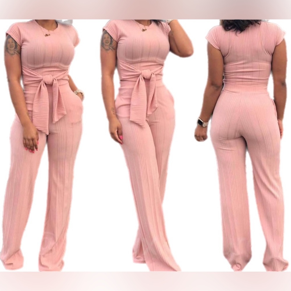 Woman's 2 Piece Outfit Pink Sexy Tie Front Crop Top Wide Leg Pants Set. - Picture 2 of 3